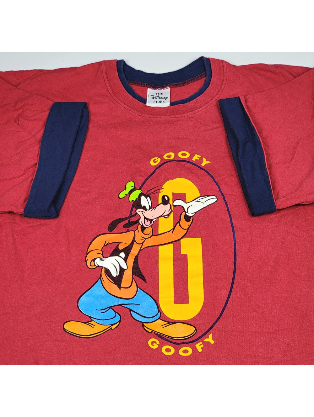 Vintage 90s Disney Goofy T-Shirt Roll-up Sleeves Red/Blue XL USA Made Cotton Tee